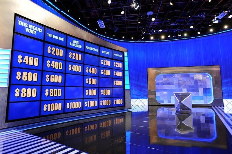 Game show host Alex Trebek rehearses his lines on the set of the "Jeopardy!" Million Dollar Celebrity Invitational Tournament Show Taping on April 17, 2010