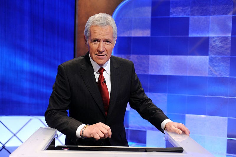 Game show host Alex Trebek poses on the set of the "Jeopardy!" Million Dollar Celebrity Invitational Tournament Show Taping on April 17, 2010 in Culver City, California.