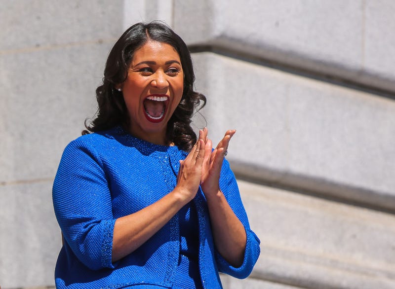 Mayor London Breed smiles at the crowd moments before taking the oath of office outside City Hall July 11, 2018 in San Francisco, California.