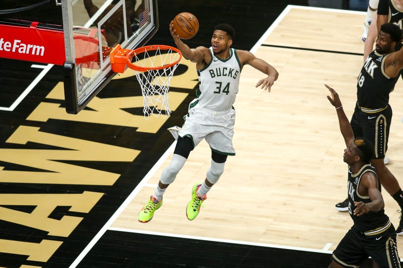Apr 15, 2021; Atlanta, Georgia, USA; Milwaukee Bucks forward Giannis Antetokounmpo (34) shoots against the Atlanta Hawks in the first quarter at State Farm Arena. Mandatory Credit: Brett Davis-USA TODAY Sports