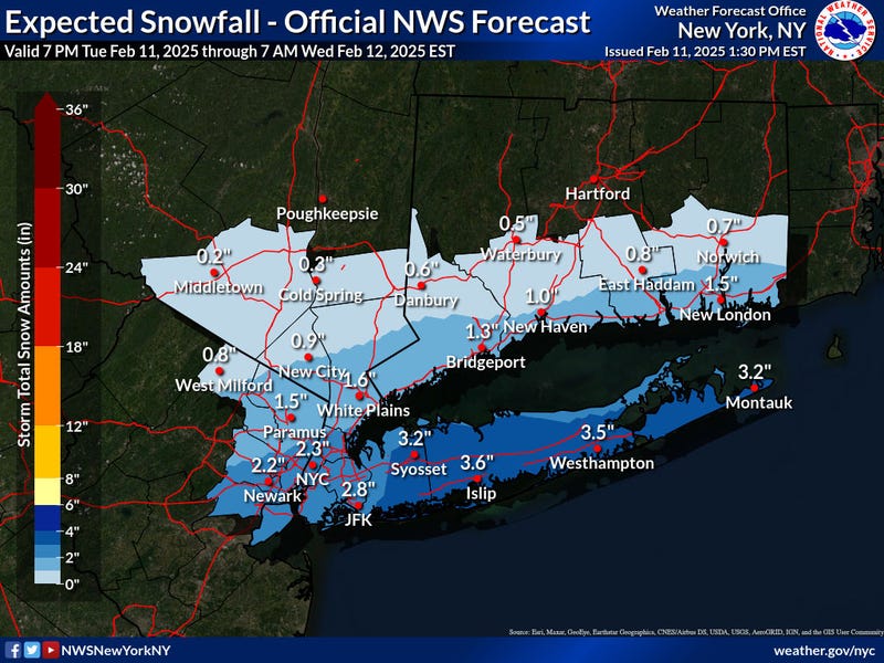 Forecasters are predicting 2-4 inches of snow for the NYC area on Tuesday night