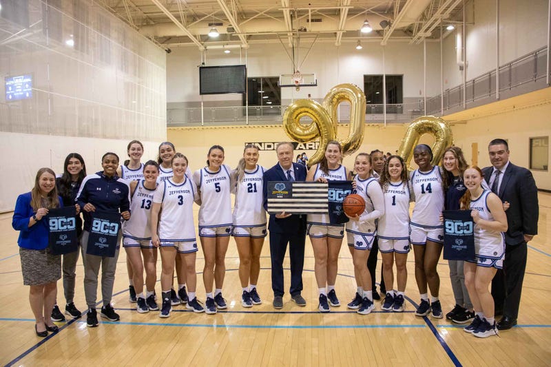 Thomas Jefferson University women’s basketball head coach Tom Shirley celebrates his 900th career win on Feb. 19, 2025.