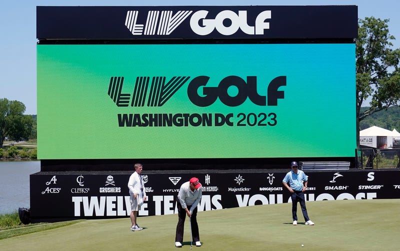 Former president Donald Trump plays during the LIV Golf Pro-Am at Trump National Golf Club in May.