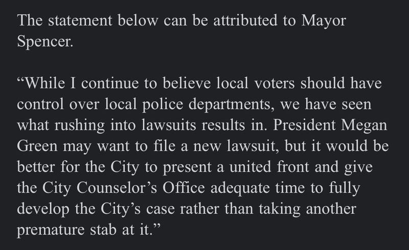 A statement from Mayor Cara Spencer criticizing President Green's new lawsuit