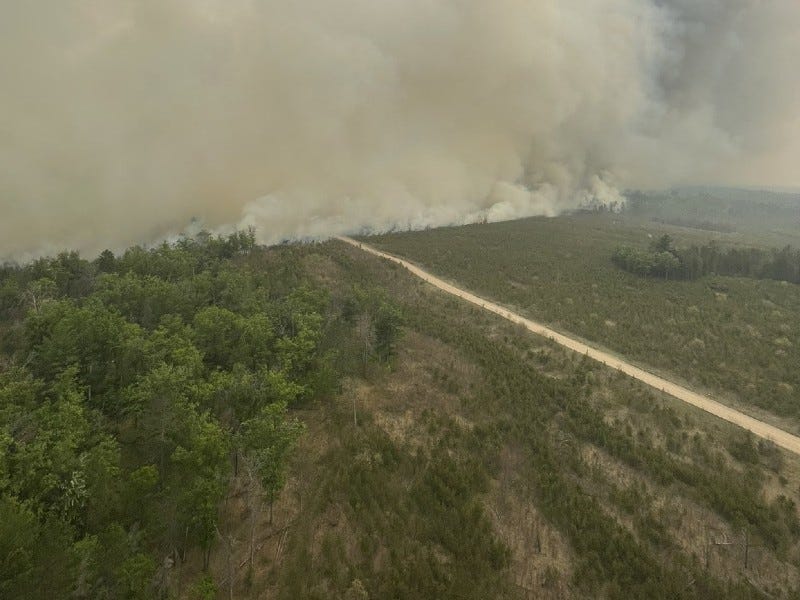 View of wildfire smoke near Grayling from Michigan State Police helicopter