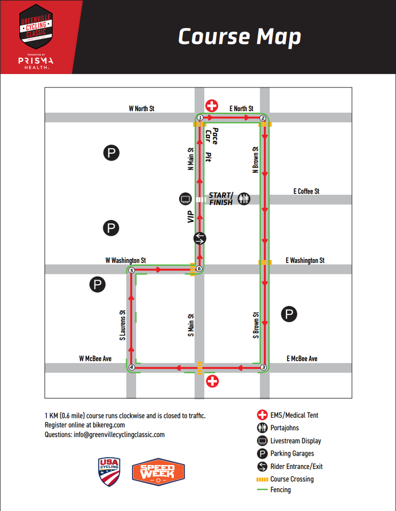 Greenville Cycling Classic route and road closure map