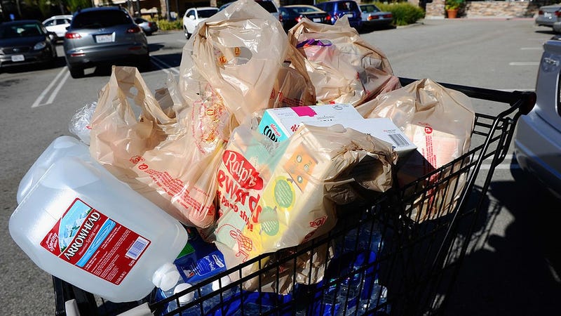 LA CRESCENTA, CA - NOVEMBER 17: Platsic grocery bags are piled into a grocery cart on November 17, 2010 in La Crescenta, California. Los Angeles County Board of Supervisors passed Prop 26, a ban on plastic grocery bags, in unincorporated areas of the county on Tuesday November 16.