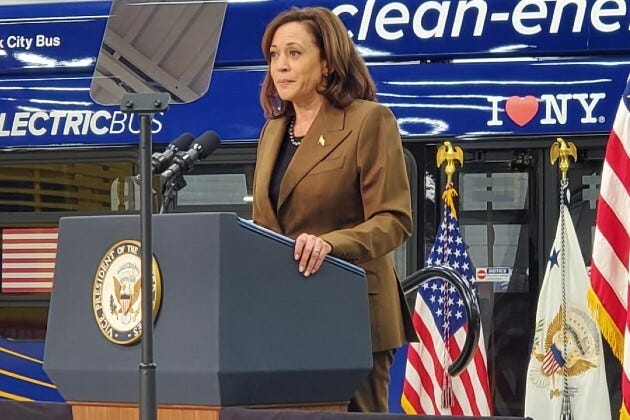 Vice President Kamala Harris speaking at New Flyer in St. Cloud, Minnesota, on Feb. 9, 2023. 