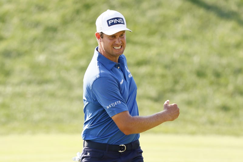 Travelers Championship winner Harris English of Georgia reacts to his 18th hole birdie putt in the final round, 6/27/21