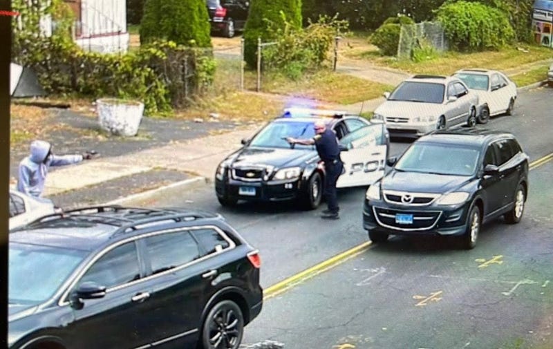 A Hartford police officer and a suspect exchange gunfire at Westland and Barbour streets. Mayor Luke Bronin says the suspect was fatally shot, the officer uninjured, 10/16/23