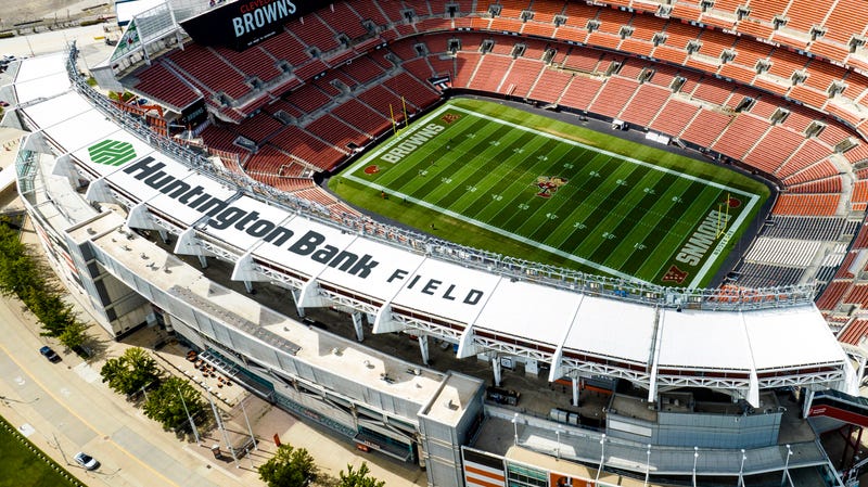 An artistic aerial view of new Huntington Bank Field signage to be installed this week after the Browns reached a 20-year stadium naming rights agreement with Huntington Bank.