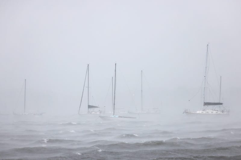 Boats in the choppy water off New London as Tropical Storm Henri moved in, 8/22/21