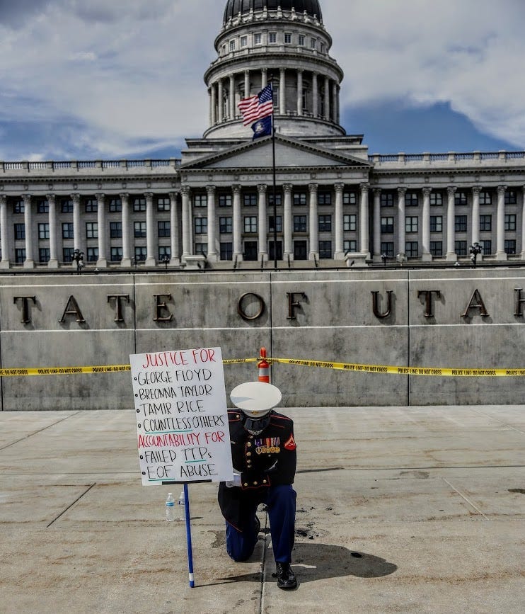Todd Winn, a Marine veteran, gained national attention after he protested in uniform outside the Utah state capitol for so long his shoes melted to the pavement. 