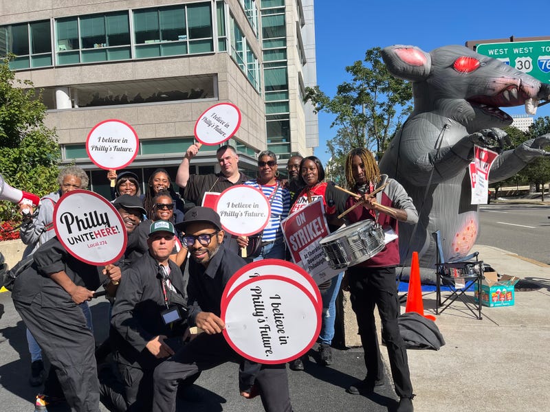 Workers picket outside the Sheraton at 17th and Race Streets on Sunday, Oct. 5, 2025.