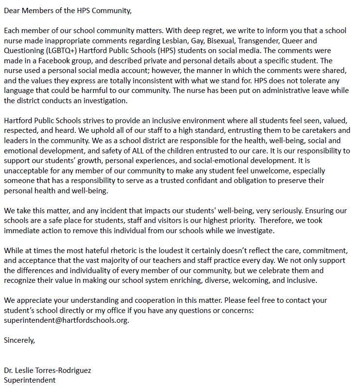 HPS letter to families and staff, 3/28/22