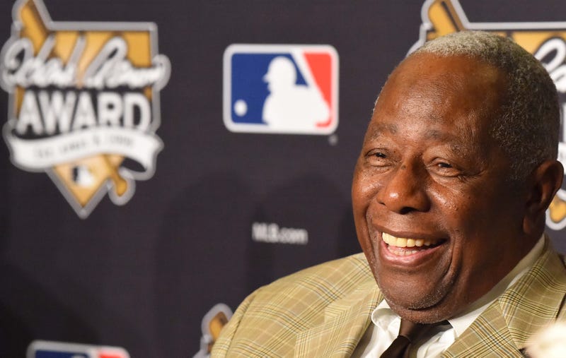 Oct 25, 2017; Los Angeles, CA, USA; Hank Aaron speaks at the Hank Aaron speaks at a press conference before game two of the 2017 World Series between the Los Angeles Dodgers and the Houston Astros at Dodger Stadium. Mandatory Credit: Jayne Kamin-Oncea-USA TODAY Sports