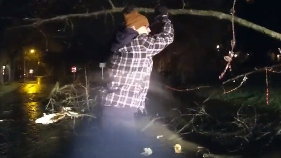 WATCH: Ann Arbor police officer gets help clearing tree in road from Michigan football coach Jim Harbaugh