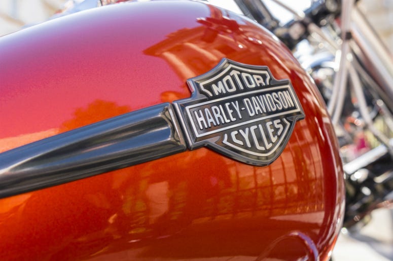 Harley Davidson logo is displayed on a motorcycles fuel tank on June 06, 2015 in Bucharest, Romania.