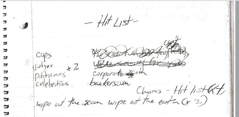 A "hit list" allegedly found in the apartment included the message, "Wipe out the scum wipe out the earth"