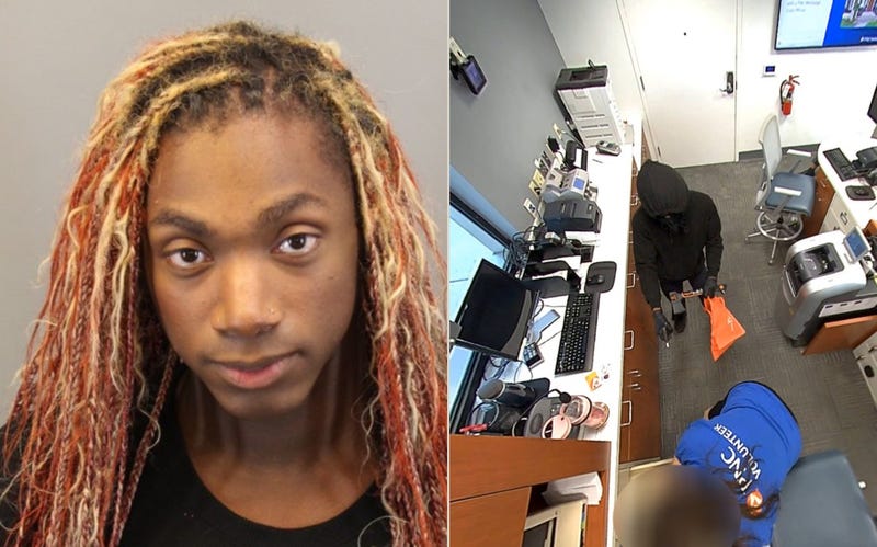Left: Blake Herring in a booking photo; Right: Screenshot from video of robbery at PNC bank.
