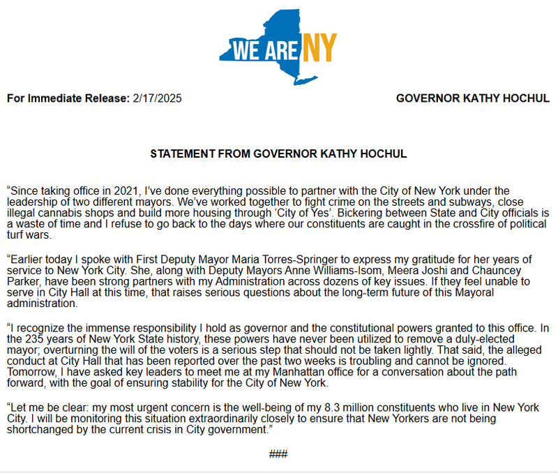 “I recognize the immense responsibility I hold as governor and the constitutional powers granted to this office," Hochul said in a statement