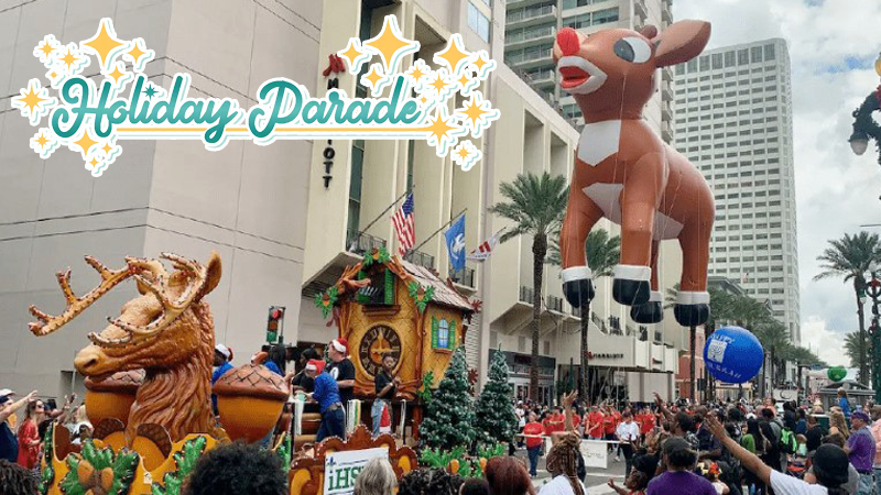 Rudolph parade balloon in parade along Canal St