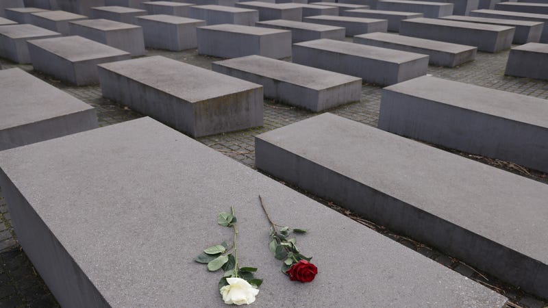Roses lie at the Memorial to the Murdered Jews of Europe, also known as the Holocaust Memorial, on January 19, 2022 in Berlin, Germany.