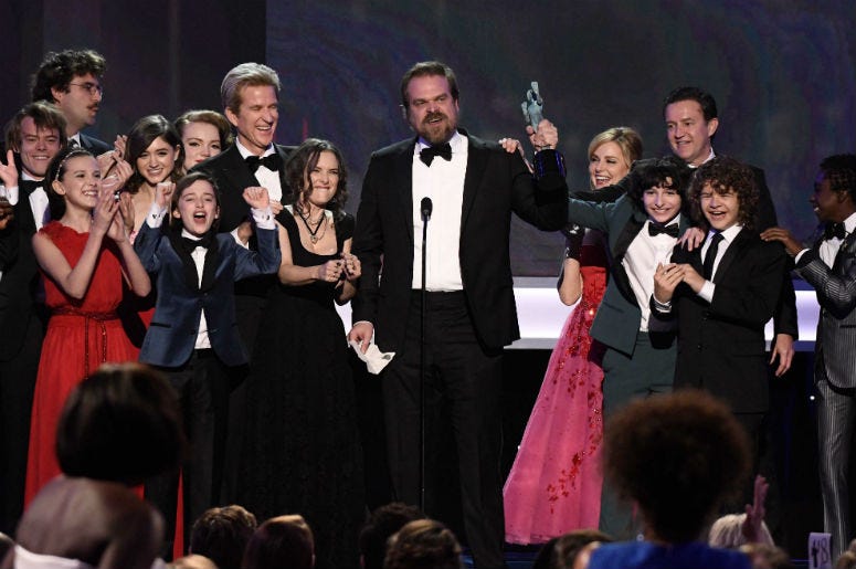 David Harbour speaks as cast members of Stranger Things (Netflix) accept the award for Outstanding Performance by an Ensemble in a Drama Series during the 23rd Annual Screen Actors Guild Awards