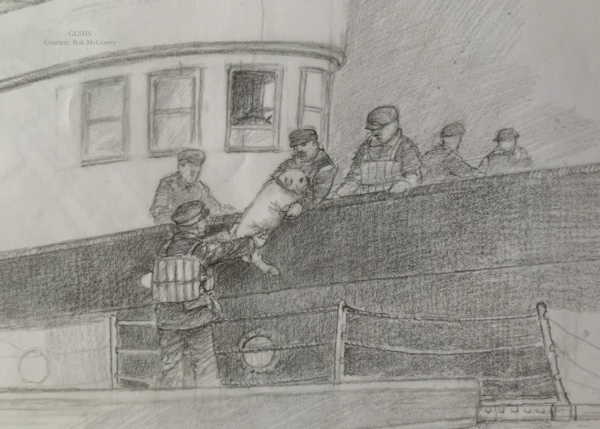 Huronton Dog being rescued – Artwork by Bob McGreevy