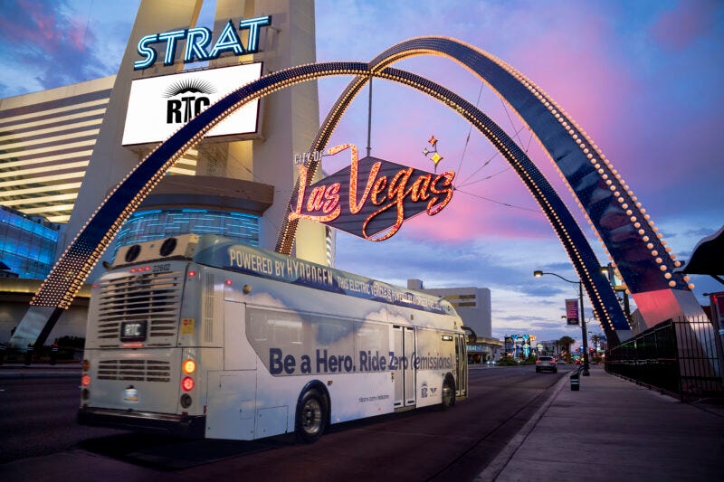 A bus powered by hydrogen fuel cells enters downtown Las Vegas