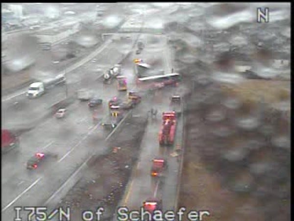 Police has blocked all, but one lane of traffic on northbound I-75 as emergency crews work to clear the freeway of a crash involving a bus and semi truck.