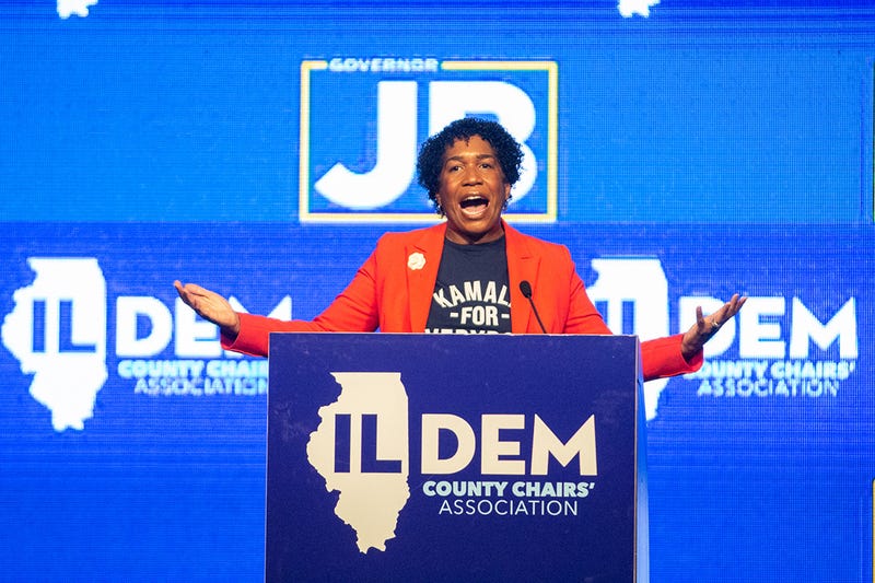 Lt. Gov. Juliana Stratton speaks at the Illinois Democratic County Chairs’ Association brunch in Springfield in August 2024. She became the first high-ranking Democrat to formally announce her candidacy for U.S. Senate on Thursday, April 24, one day after Illinois’ senior U.S. Sen. Dick Durbin announced he would not run again after his term ends in 2026.