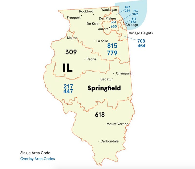 A map of Illinois telephone area codes.