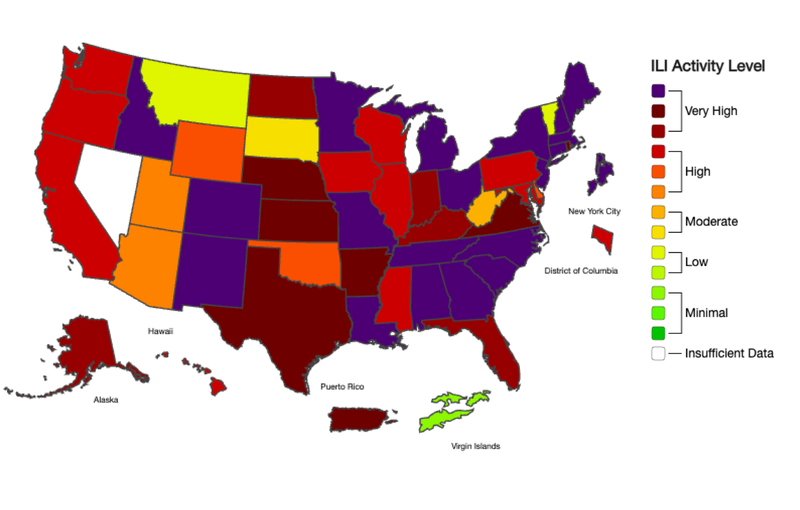 A CDC map shows flu activity is "high" or "very high" in most states for the week ending Dec. 27