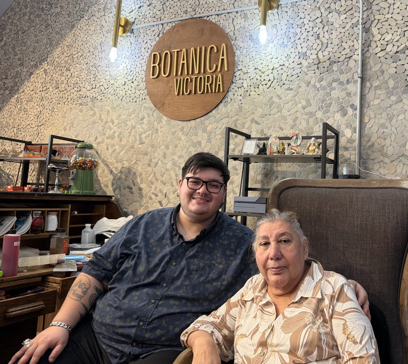Victoria runs Botanica Victoria in Humboldt Park with her grandson Eric Cano. The shop, which sells spiritual goods, is one of Chicago's oldest Latina owned businesses. 