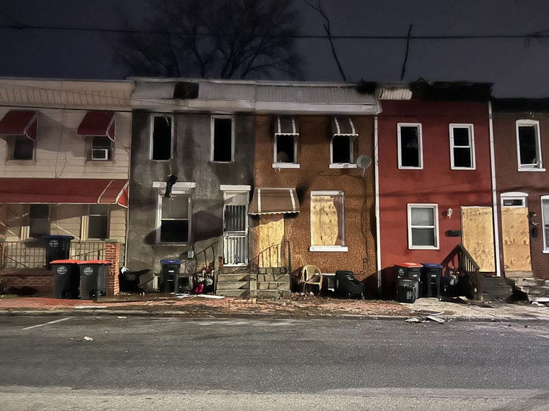 Fire scene outside row of homes in Chester City, Delaware County.