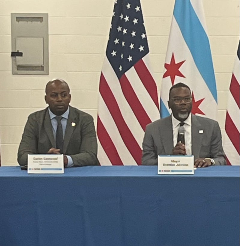 Former Chicago Deputy Mayor for Community Safety Garien Gatewood (left) joined Mayor Brandon Johnson in a town hall meeting in Chicago's Pullman neighborhood on January 14, 2026.