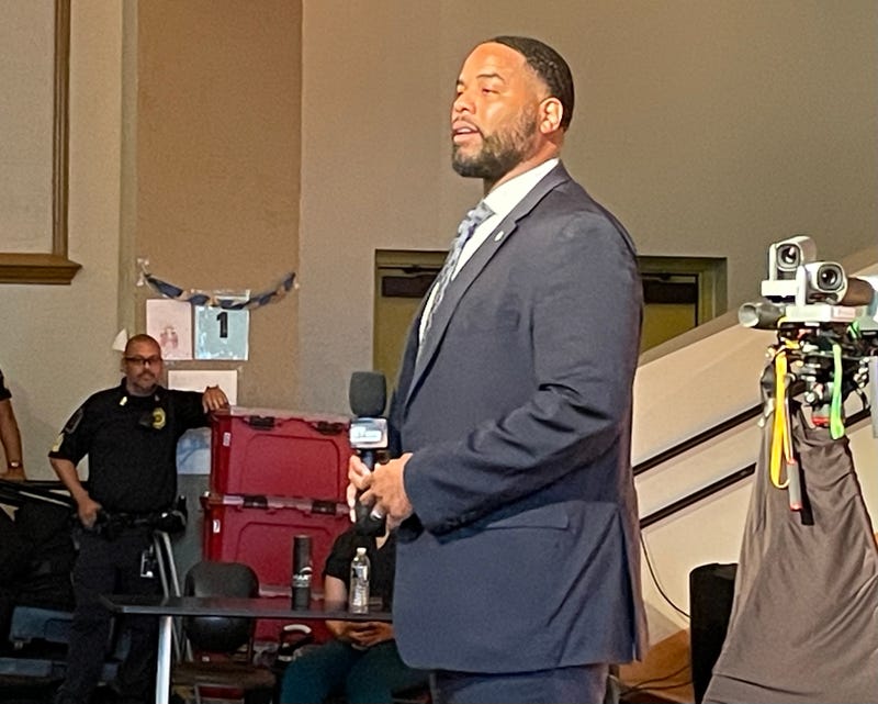 Dr. Andrae Townsel speaks at the Fox School in Hartford's South End. He's been chosen as schools superintendent by the Hartford Board of Ed.