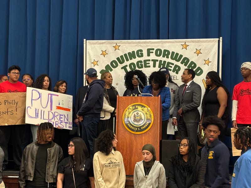 Mayor Cherelle Parker stands at a podium on Monday, March 23, 2026, to share her school funds proposal
