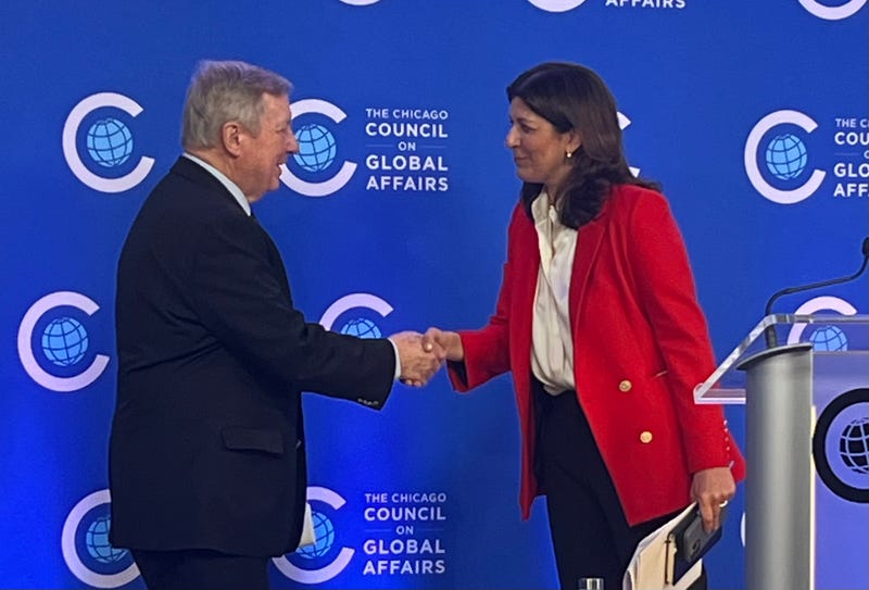 U.S. Sen. Dick Durbin (D-Illinois) greets Chicago Council on Global Affairs President and CEO Leslie Vinjamuri on January 22, 2026.