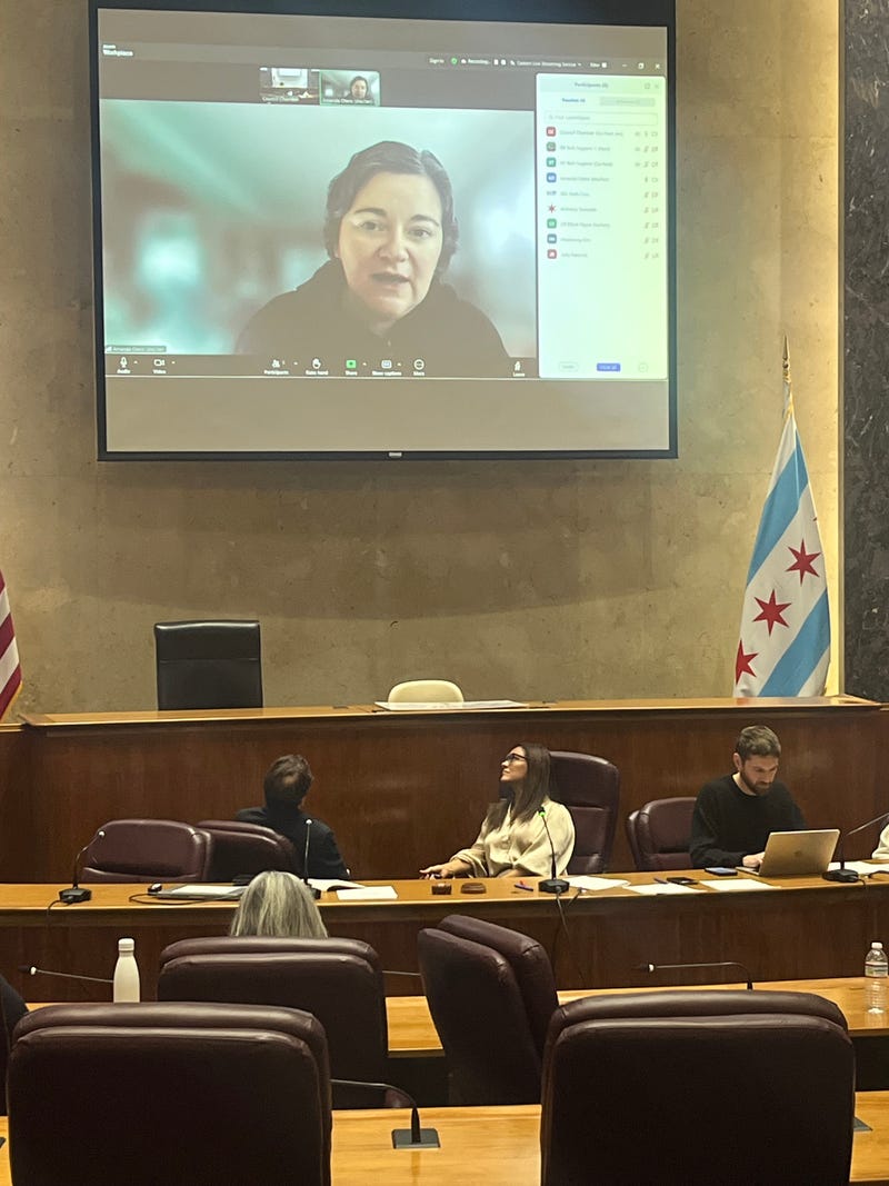 Members of the Chicago City Council's Health and Human Relations committee listen to remote testimony from immigrant activists in Minneapolis.