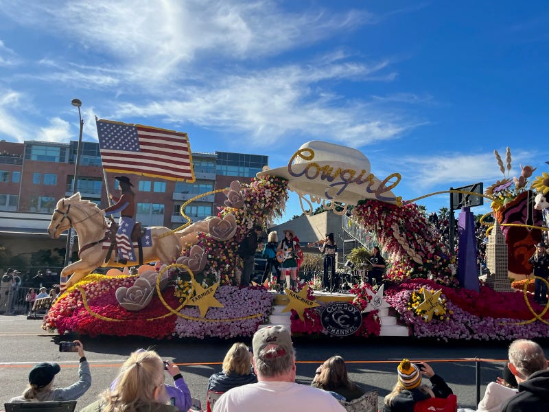 The Cowgirls Rule float in the Rose Parade