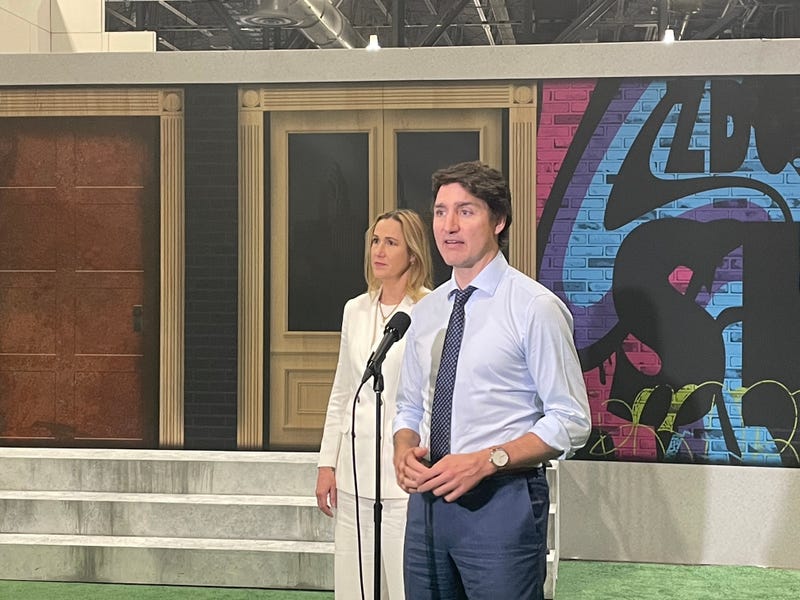 Canadian Prime Minister Justin Trudeau speaks to reporters after speaking to the SEIU convention in Philadelphia.