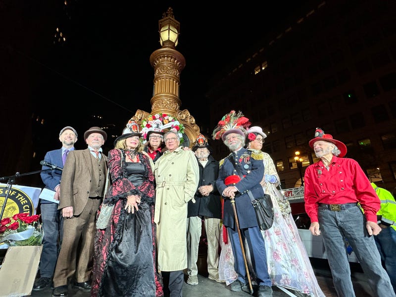 People gathered at Lotta's Fountain in San Francisco to remember the 1906 earthquake. 