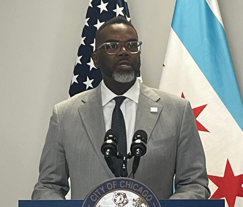 Chicago mayor Brandon Johnson talks to reporters at City Hall, February 3, 2026.