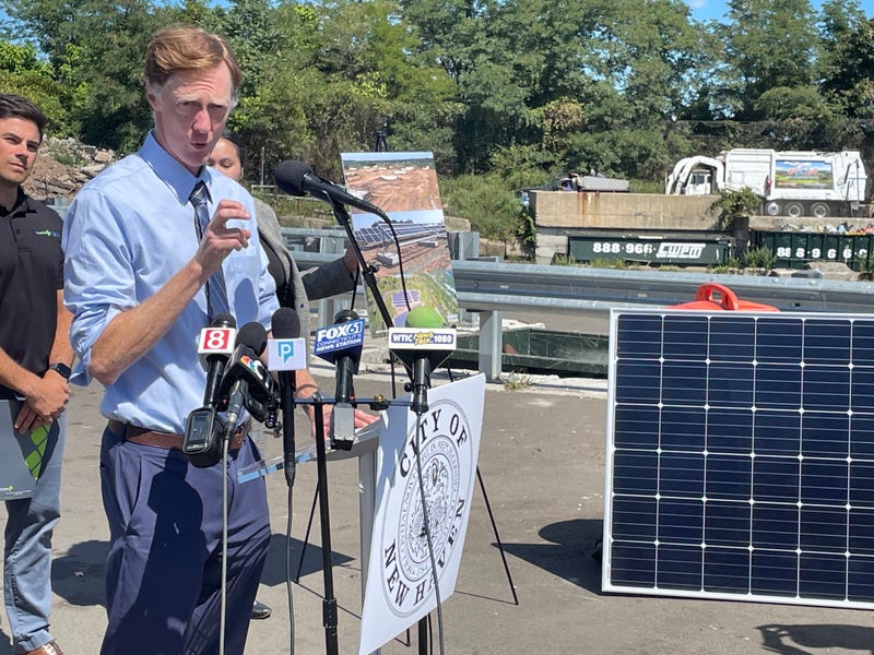 Mayor Justin Elicker of New Haven introduces a solar energy project to the built on a landfill next to the city Transfer Station.