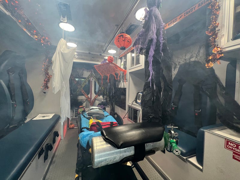 Halloween decorations and stretcher inside ambulance