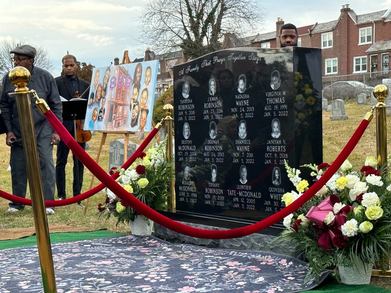 A headstone was put in place Thursday at Chelten Hills Cemetery in East Mount Airy to remember the 12 victims of the Fairmount Fire on Jan. 5, 2022.