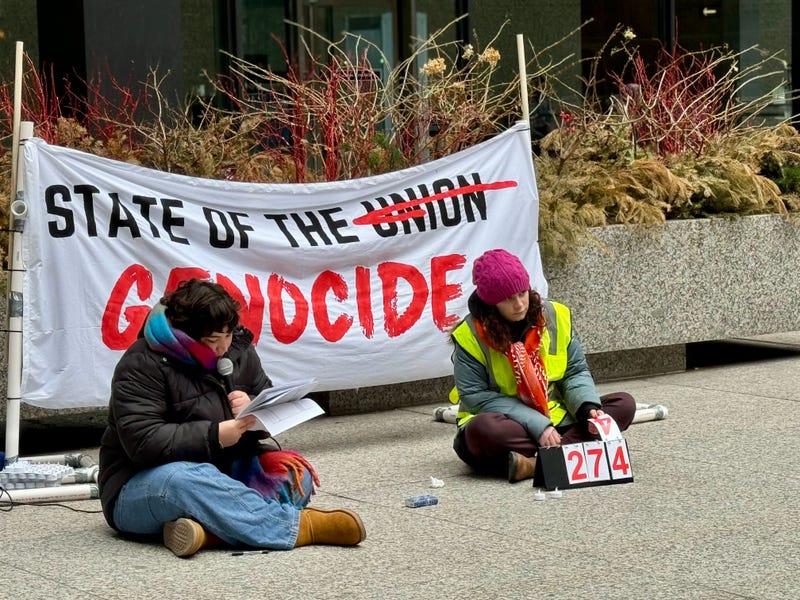 A 24-hour vigil in Federal Plaza began Thursday morning as demonstrators read the names of more than 30,000 Palestinians killed in Gaza