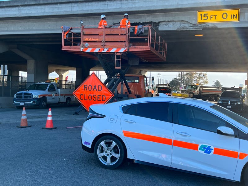 Caltrans reported to the scene to look at the damage of freeway overpass on I-80.
